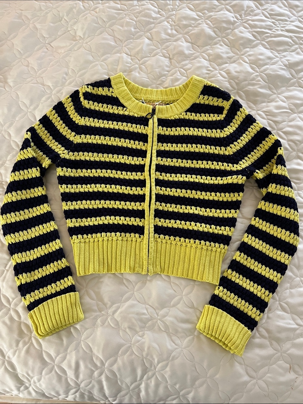princess vera wang Yellow and Navy Striped Cropped Zip Cardigan